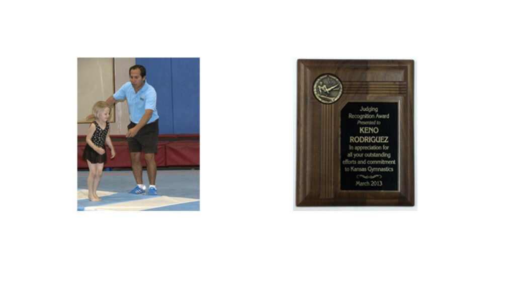 A picture of a gymnastics instructor with a plaque.
