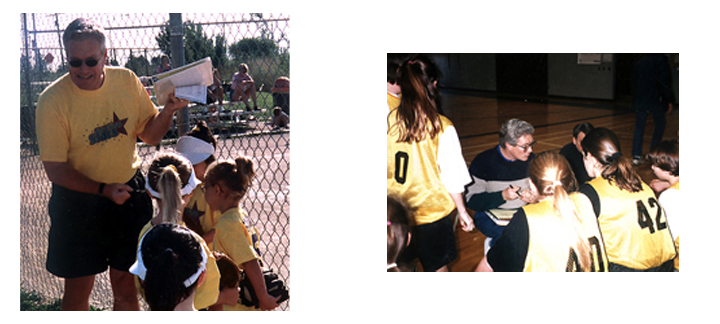 Two images of Coach Carlew interacting with youth sports teams.