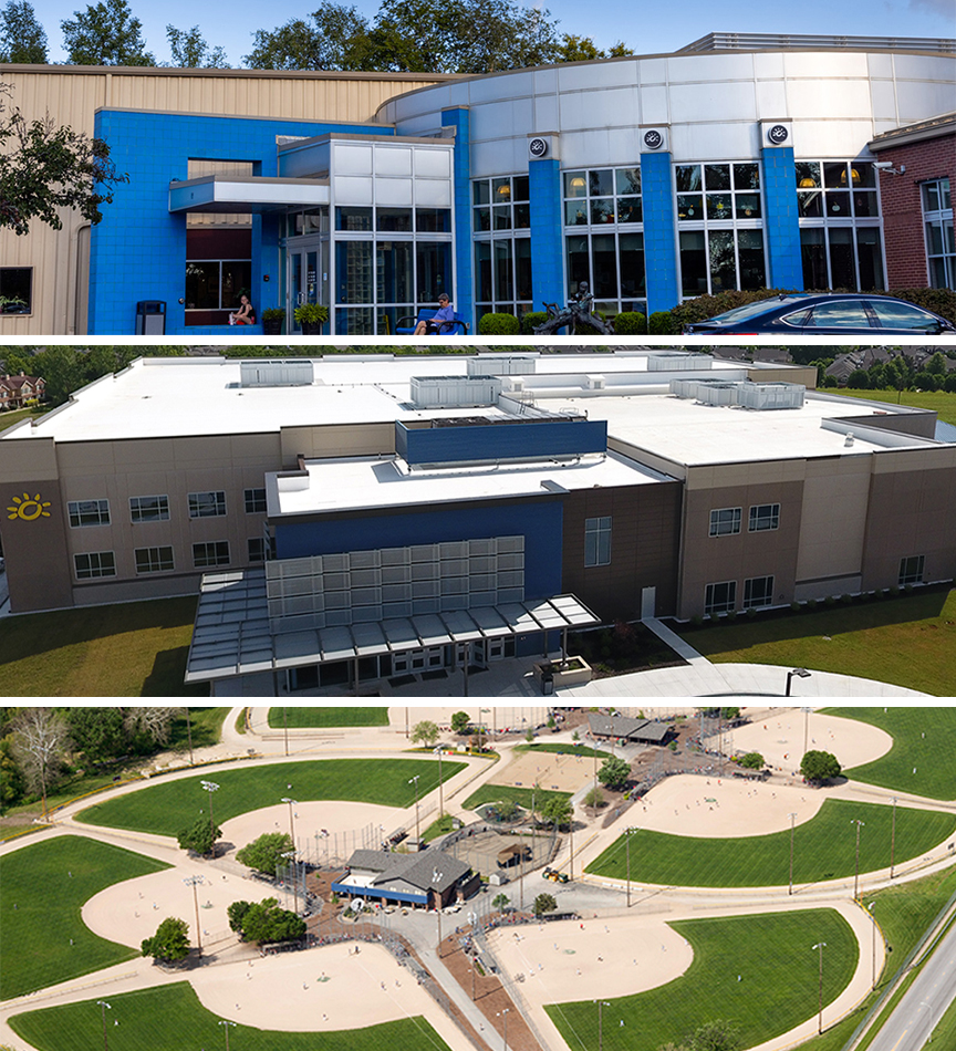 A collage of the Activity Center, the Rec Center, and the Sports Complex.