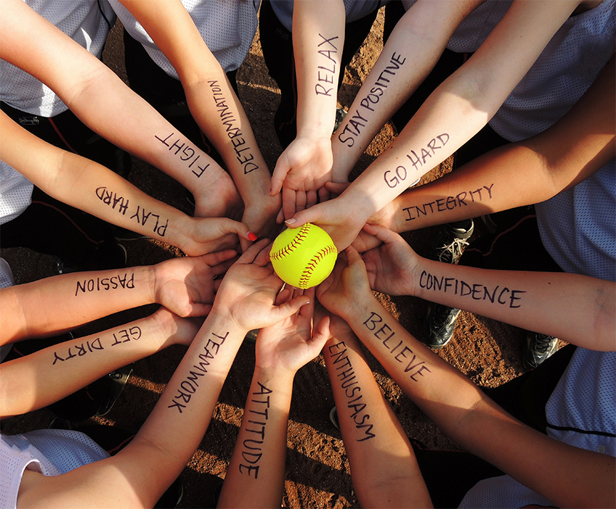 A group of arms in a circle with words of affirmation written on them