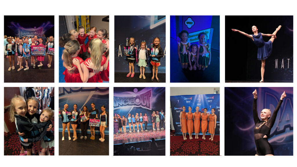 A group of photos of youth dancers receiving awards on a stage.