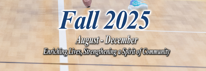 A gym floor with basketball lines and the text Fall 2025
