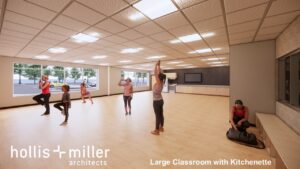 Rendering of a multiple purpose classroom at the Activity Center that shows people stretching.