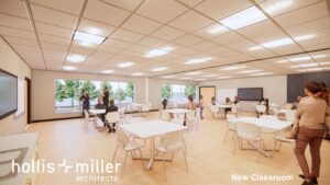 Rendering of a new classroom at the Activity Center that shows large windows and open space with tables and chairs.