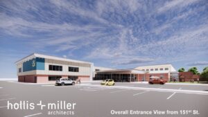 Rendering of the exterior of the Activity Center that shows the entire building and parking lot.