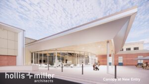 Rendering of the front exterior of the Activity Center that shows a covered entryway.