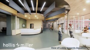 Rendering of the lobby of the Activity Center that shows people talking.