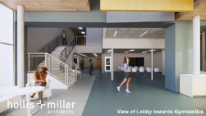 Rendering of the lobby at the Activity Center that shows a staircase to the second floor.