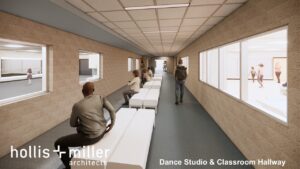 Rendering of an observation hallway at the Activity Center that shows people watching dance class while sitting on a bench.
