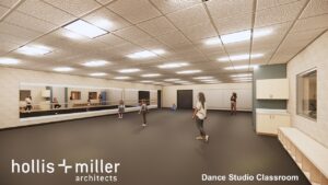Rendering of the dance studio at the Activity Center that shows large mirrors and people dancing.