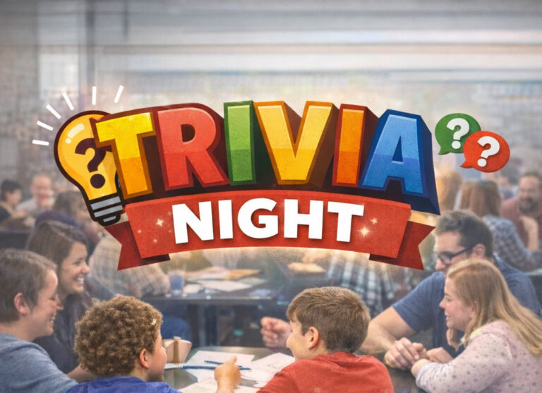 Families playing a game with Trivia Night text
