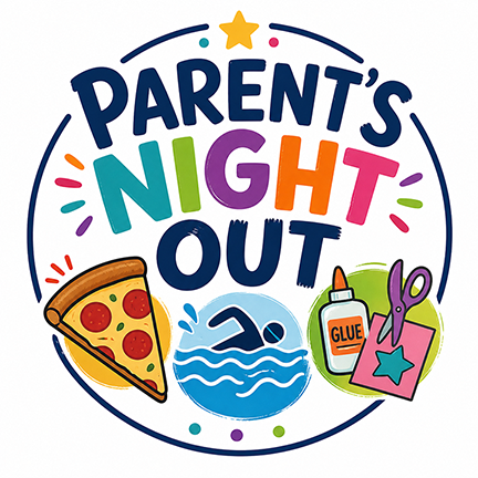 Image of the Parent's Night Out logo with a pizza slice, swimmer, and craft supplies.