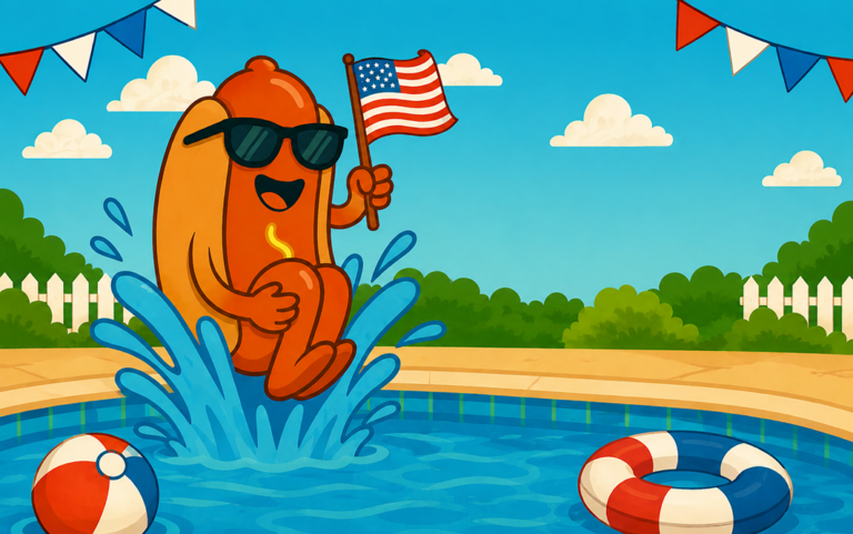 Cartoon hot dog wearing sunglasses splashing into a swimming pool while holding an American flag, with patriotic decorations and pool toys in the background.