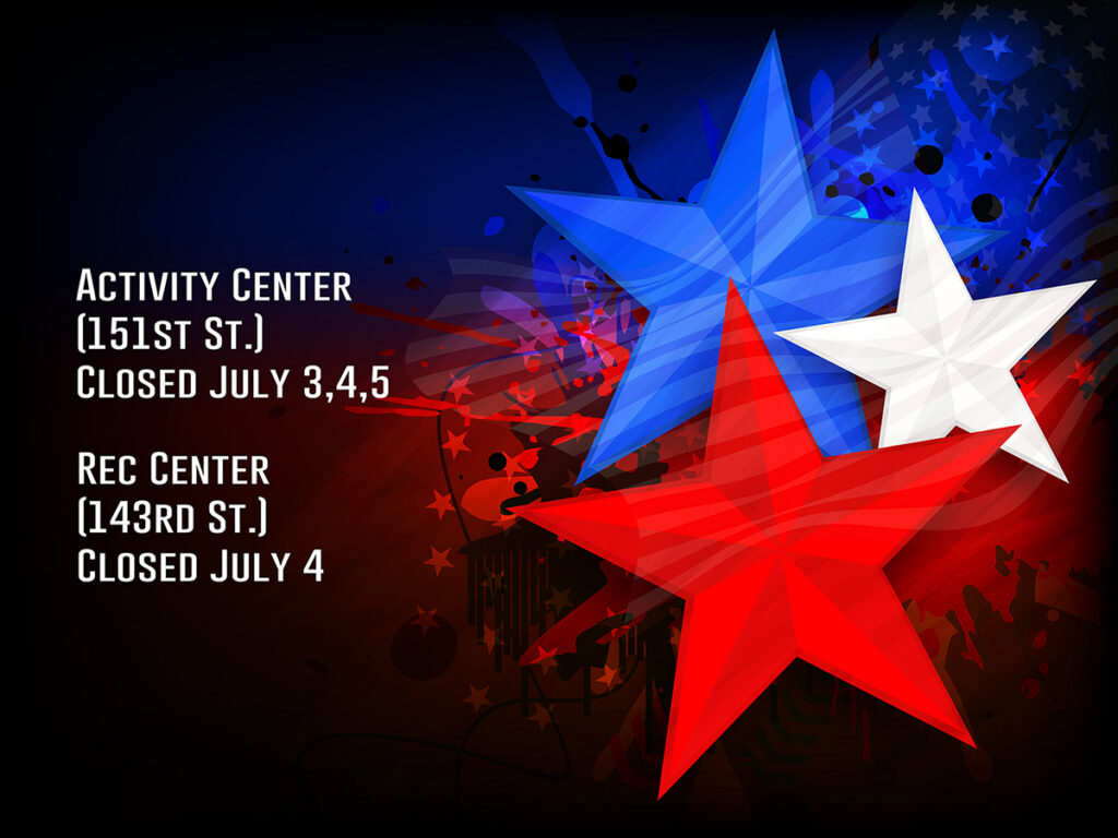 Red, white, and blue star with closing times for AC and RC