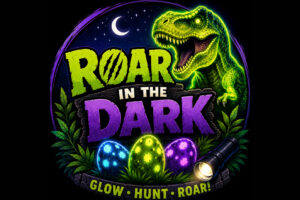 Three glow-in-the-dark eggs with a glowing dinosaur on a black background.