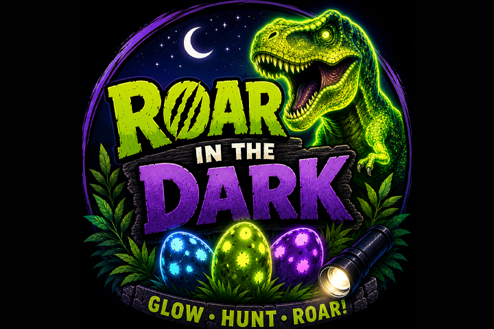 Three glow-in-the-dark eggs with a glowing dinosaur on a black background.