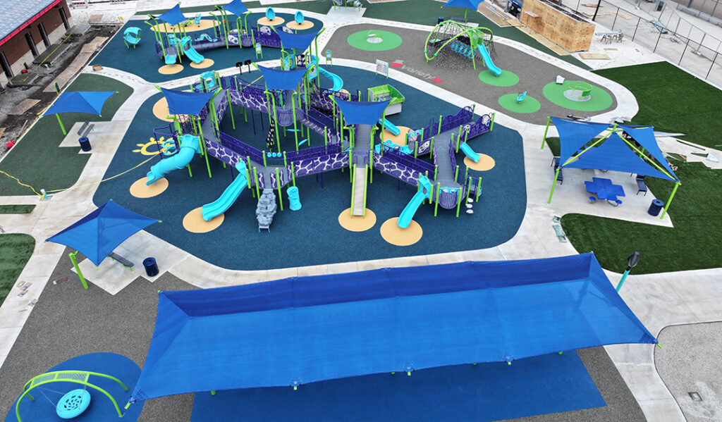 Aeriel view of inclusive playground equipment.