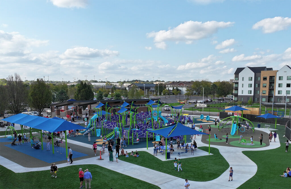 Brightly colored inclusive playground.